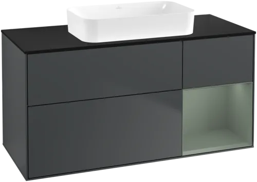VILLEROY BOCH Toaletní skříňka Finion, s osvětlením, 3 výsuvy, 1200 x 603 x 501 mm, Midnight Blue Matt Lacquer / Olive Matt Lacquer / Glass Black Matt #F712GMHG