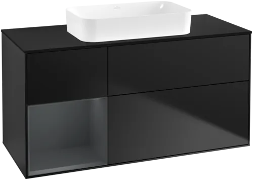VILLEROY BOCH Toaletní skříňka Finion, s osvětlením, 3 výsuvy, 1200 x 603 x 501 mm, černý matný lak / půlnoční modrý matný lak / černé matné sklo #F702HGPD