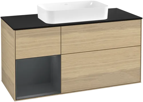 VILLEROY BOCH Toaletní skříňka Finion, s osvětlením, 3 výsuvy, 1200 x 603 x 501 mm, dubová dýha / půlnočně modrý matný lak / černé matné sklo #F702HGPC