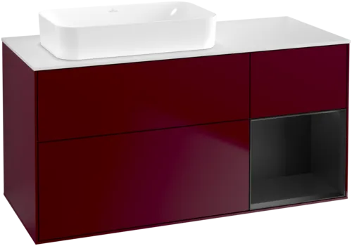 VILLEROY BOCH Toaletní skříňka Finion, s osvětlením, 3 výsuvy, 1200 x 603 x 501 mm, Pivoňka matný lak / Černý matný lak / Sklo bílé matné #F691PDHB