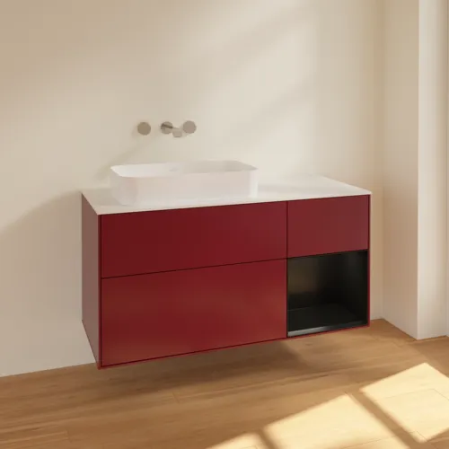 VILLEROY BOCH Toaletní skříňka Finion, s osvětlením, 3 výsuvy, 1200 x 603 x 501 mm, Pivoňka matný lak / Černý matný lak / Sklo bílé matné #F691PDHB, obrázek 2