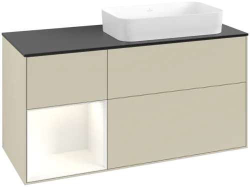 VILLEROY BOCH Toaletní skříňka Finion, s osvětlením, 3 výsuvy, 1200 x 603 x 501 mm, hedvábně šedý matný lak / lesklý bílý lak / černé matné sklo #F682GFHJ