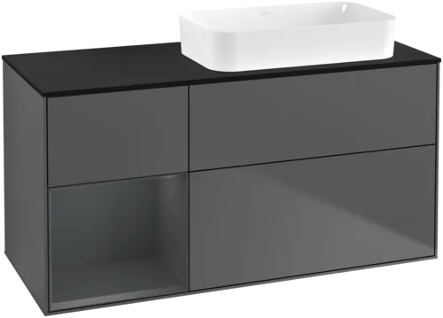 VILLEROY BOCH Toaletní skříňka Finion, s osvětlením, 3 výsuvy, 1200 x 603 x 501 mm, antracitový matný lak / půlnoční modrý matný lak / černé matné sklo #F682HGGK