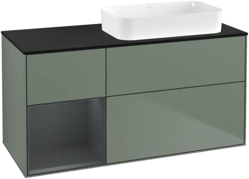 VILLEROY BOCH Toaletní skříňka Finion, s osvětlením, 3 výsuvy, 1200 x 603 x 501 mm, olivový matný lak / půlnoční modrý matný lak / černé matné sklo #F682HGGM