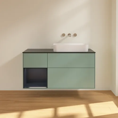 VILLEROY BOCH Toaletní skříňka Finion, s osvětlením, 3 výsuvy, 1200 x 603 x 501 mm, olivový matný lak / půlnoční modrý matný lak / černé matné sklo #F682HGGM, obrázek 3