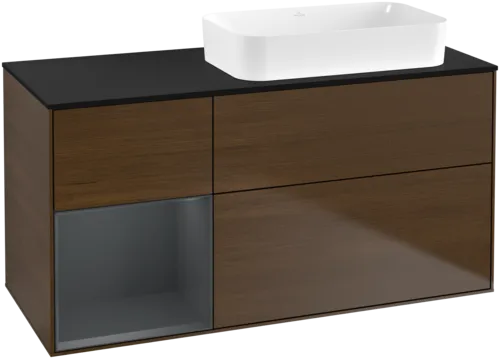 VILLEROY BOCH Toaletní skříňka Finion, s osvětlením, 3 výsuvy, 1200 x 603 x 501 mm, ořechová dýha / půlnočně modrý matný lak / černé matné sklo #F682HGGN