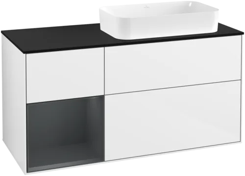 VILLEROY BOCH Toaletní skříňka Finion, s osvětlením, 3 výsuvy, 1200 x 603 x 501 mm, lesklý bílý lak / půlnoční modrý matný lak / černé matné sklo #F682HGGF