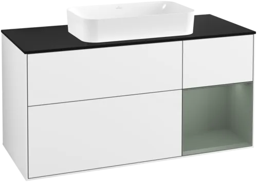 VILLEROY BOCH Toaletní skříňka Finion, s osvětlením, 3 výsuvy, 1200 x 603 x 501 mm, lesklý bílý lak / olivově matný lak / černé matné sklo #F712GMGF