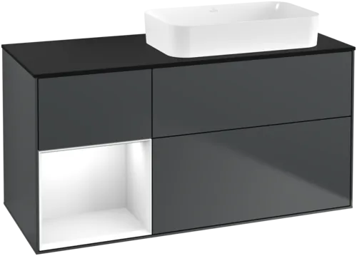 VILLEROY BOCH Toaletní skříňka Finion, s osvětlením, 3 výsuvy, 1200 x 603 x 501 mm, Midnight Blue Matt Lacquer / Glossy White Lacquer / Glass Black Matt #F682GFHG