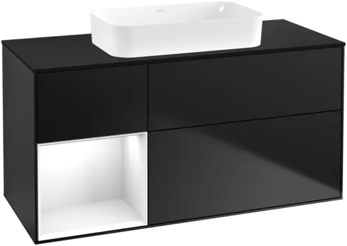 VILLEROY BOCH Toaletní skříňka Finion, s osvětlením, 3 výsuvy, 1200 x 603 x 501 mm, černý matný lak / bílý lesklý lak / černé matné sklo #F702GFPD