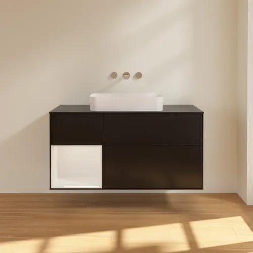 VILLEROY BOCH Toaletní skříňka Finion, s osvětlením, 3 výsuvy, 1200 x 603 x 501 mm, černý matný lak / bílý lesklý lak / černé matné sklo #F702GFPD, obrázek 3