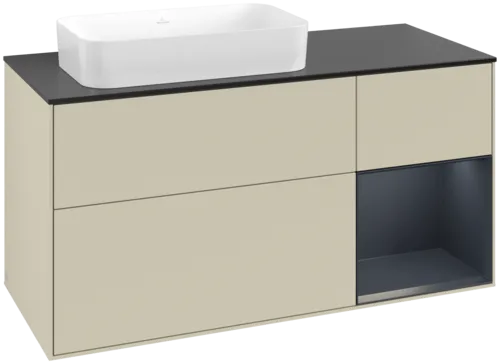 VILLEROY BOCH Toaletní skříňka Finion, s osvětlením, 3 výsuvy, 1200 x 603 x 501 mm, Silk Grey Matt Lacquer / Midnight Blue Matt Lacquer / Glass Black Matt #F692HGHJ