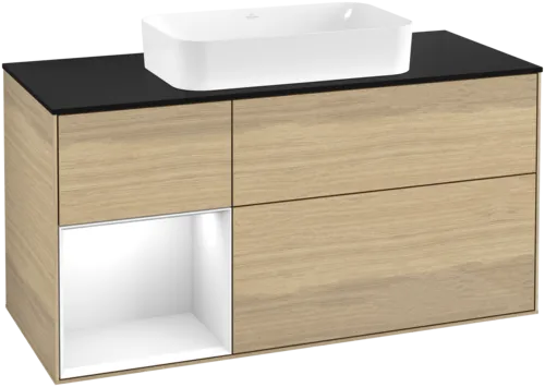 VILLEROY BOCH Toaletní skříňka Finion, s osvětlením, 3 výsuvy, 1200 x 603 x 501 mm, dubová dýha / lesklý bílý lak / černé matné sklo #F702GFPC