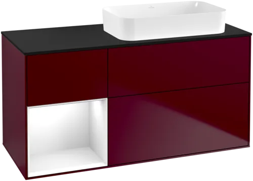 VILLEROY BOCH Toaletní skříňka Finion, s osvětlením, 3 výsuvy, 1200 x 603 x 501 mm, matný lak Peony / lesklý bílý lak / černé matné sklo #F682GFHB