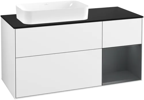 VILLEROY BOCH Toaletní skříňka Finion, s osvětlením, 3 výsuvy, 1200 x 603 x 501 mm, lesklý bílý lak / půlnoční modrý matný lak / černé matné sklo #F692HGGF