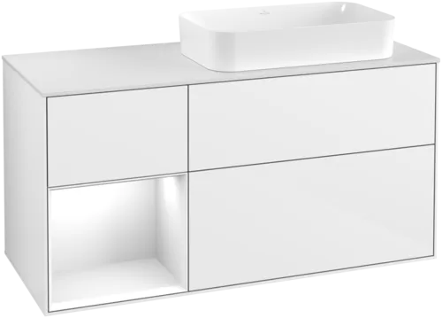 VILLEROY BOCH Toaletní skříňka Finion, s osvětlením, 3 výsuvy, 1200 x 603 x 501 mm, lesklý bílý lak / lesklý bílý lak / sklo bílé matné #F681GFGF