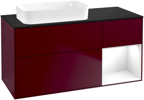 VILLEROY BOCH Toaletní skříňka Finion, s osvětlením, 3 výsuvy, 1200 x 603 x 501 mm, matný lak Peony / lesklý bílý lak / černé matné sklo #F692GFHB