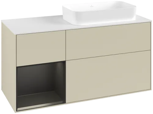 VILLEROY BOCH Toaletní skříňka Finion, s osvětlením, 3 výsuvy, 1200 x 603 x 501 mm, hedvábně šedý matný lak / černý matný lak / bílé matné sklo #F681PDHJ