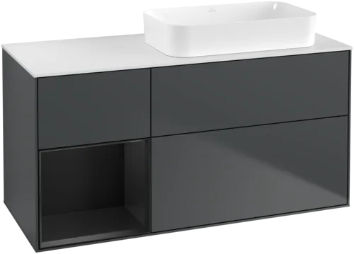 VILLEROY BOCH Toaletní skříňka Finion, s osvětlením, 3 výsuvy, 1200 x 603 x 501 mm, Midnight Blue Matt Lacquer / Black Matt Lacquer / Glass White Matt #F681PDHG