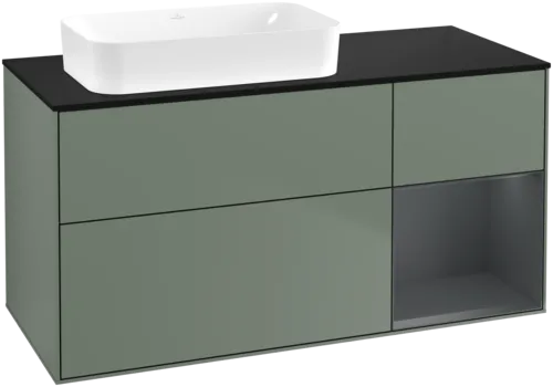 VILLEROY BOCH Toaletní skříňka Finion, s osvětlením, 3 výsuvy, 1200 x 603 x 501 mm, olivový matný lak / půlnoční modrý matný lak / černé matné sklo #F692HGGM