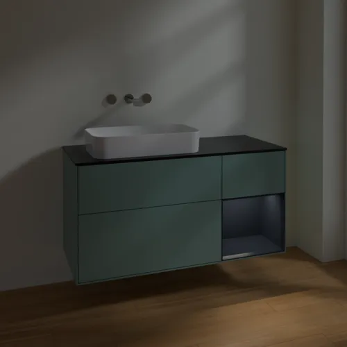 VILLEROY BOCH Toaletní skříňka Finion, s osvětlením, 3 výsuvy, 1200 x 603 x 501 mm, olivový matný lak / půlnoční modrý matný lak / černé matné sklo #F692HGGM, obrázek 3