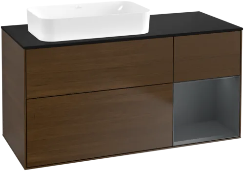VILLEROY BOCH Toaletní skříňka Finion, s osvětlením, 3 výsuvy, 1200 x 603 x 501 mm, ořechová dýha / půlnočně modrý matný lak / černé matné sklo #F692HGGN