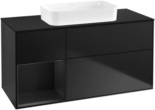 VILLEROY BOCH Toaletní skříňka Finion, s osvětlením, 3 výsuvy, 1200 x 603 x 501 mm, černý matný lak / černý matný lak / černé matné sklo #F702PDPD