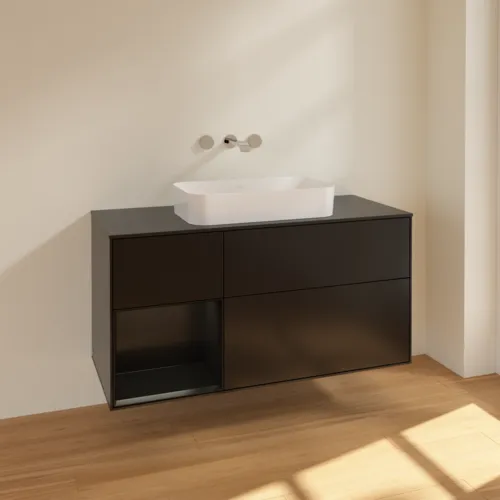 VILLEROY BOCH Toaletní skříňka Finion, s osvětlením, 3 výsuvy, 1200 x 603 x 501 mm, černý matný lak / černý matný lak / černé matné sklo #F702PDPD, obrázek 2