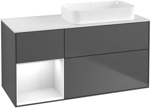 VILLEROY BOCH Toaletní skříňka Finion, s osvětlením, 3 výsuvy, 1200 x 603 x 501 mm, antracit matný lak / lesklý bílý lak / sklo bílé matné #F681GFGK