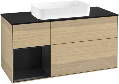 VILLEROY BOCH Toaletní skříňka Finion, s osvětlením, 3 výsuvy, 1200 x 603 x 501 mm, dubová dýha / černý matný lak / černé matné sklo #F702PDPC