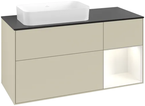 VILLEROY BOCH Toaletní skříňka Finion, s osvětlením, 3 výsuvy, 1200 x 603 x 501 mm, hedvábně šedý matný lak / lesklý bílý lak / černé matné sklo #F692GFHJ