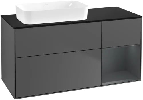 VILLEROY BOCH Toaletní skříňka Finion, s osvětlením, 3 výsuvy, 1200 x 603 x 501 mm, antracitový matný lak / půlnoční modrý matný lak / černé matné sklo #F692HGGK