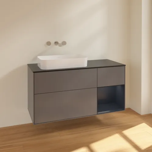 VILLEROY BOCH Toaletní skříňka Finion, s osvětlením, 3 výsuvy, 1200 x 603 x 501 mm, antracitový matný lak / půlnoční modrý matný lak / černé matné sklo #F692HGGK, obrázek 2