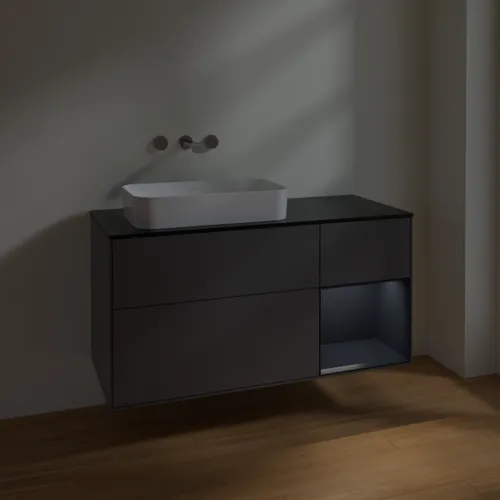 VILLEROY BOCH Toaletní skříňka Finion, s osvětlením, 3 výsuvy, 1200 x 603 x 501 mm, antracitový matný lak / půlnoční modrý matný lak / černé matné sklo #F692HGGK, obrázek 4