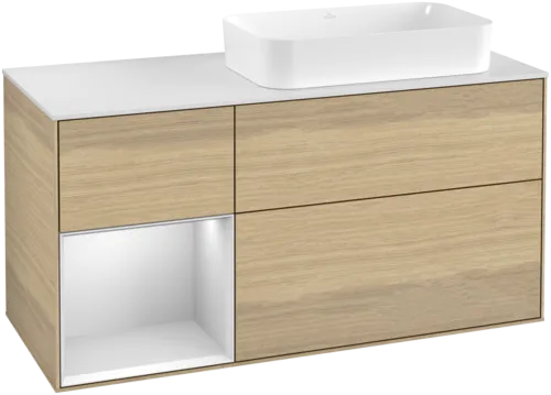 VILLEROY BOCH Toaletní skříňka Finion, s osvětlením, 3 výsuvy, 1200 x 603 x 501 mm, dubová dýha / bílý matný lak / bílé matné sklo #F681MTPC