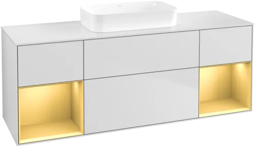 VILLEROY BOCH Toaletní skříňka Finion, s osvětlením, 4 výsuvy, 1600 x 603 x 501 mm, bílý matný lak / zlatý matný lak / bílé matné sklo #F741HFMT