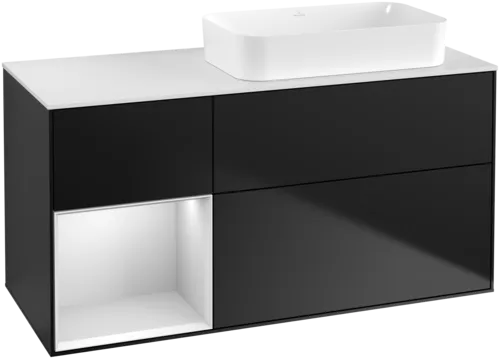 VILLEROY BOCH Toaletní skříňka Finion, s osvětlením, 3 výsuvy, 1200 x 603 x 501 mm, černý matný lak / bílý matný lak / bílé matné sklo #F681MTPD