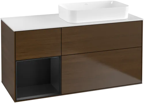 VILLEROY BOCH Toaletní skříňka Finion, s osvětlením, 3 výsuvy, 1200 x 603 x 501 mm, ořechová dýha / černý matný lak / sklo bílé matné #F681PDGN