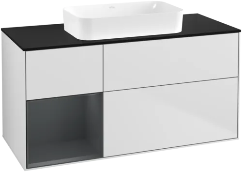 VILLEROY BOCH Toaletní skříňka Finion, s osvětlením, 3 výsuvy, 1200 x 603 x 501 mm, bílý matný lak / půlnoční modrý matný lak / černé matné sklo #F702HGMT