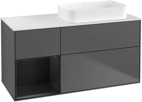 VILLEROY BOCH Toaletní skříňka Finion, s osvětlením, 3 výsuvy, 1200 x 603 x 501 mm, antracitový matný lak / černý matný lak / bílé matné sklo #F681PDGK