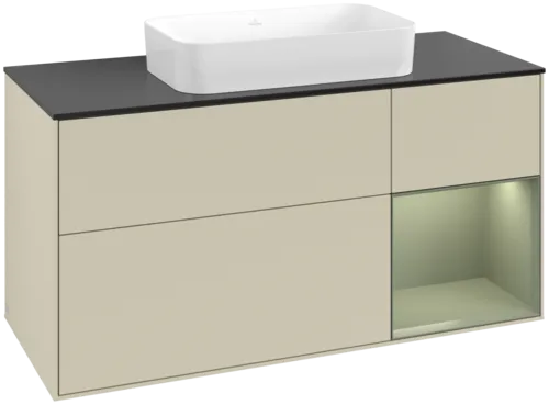 VILLEROY BOCH Toaletní skříňka Finion, s osvětlením, 3 výsuvy, 1200 x 603 x 501 mm, hedvábně šedý matný lak / olivový matný lak / černé matné sklo #F712GMHJ