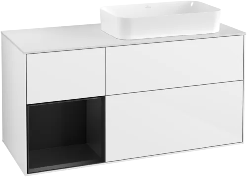 VILLEROY BOCH Toaletní skříňka Finion, s osvětlením, 3 výsuvy, 1200 x 603 x 501 mm, lesklý bílý lak / černý matný lak / sklo bílé matné #F681PDGF
