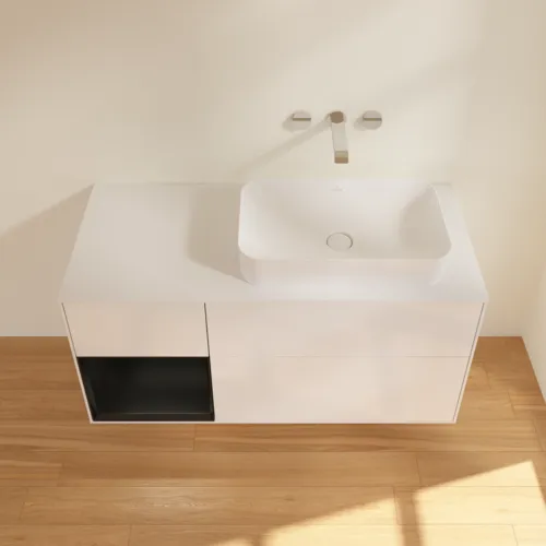 VILLEROY BOCH Toaletní skříňka Finion, s osvětlením, 3 výsuvy, 1200 x 603 x 501 mm, lesklý bílý lak / černý matný lak / sklo bílé matné #F681PDGF, obrázek 4