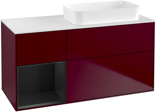 VILLEROY BOCH Toaletní skříňka Finion, s osvětlením, 3 výsuvy, 1200 x 603 x 501 mm, Pivoňka matný lak / Černý matný lak / Sklo bílé matné #F681PDHB