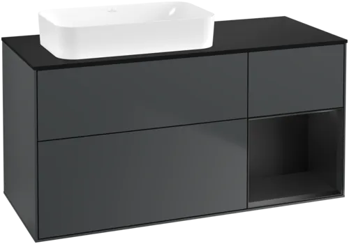 VILLEROY BOCH Toaletní skříňka Finion, s osvětlením, 3 výsuvy, 1200 x 603 x 501 mm, Midnight Blue Matt Lacquer / Black Matt Lacquer / Glass Black Matt #F692PDHG