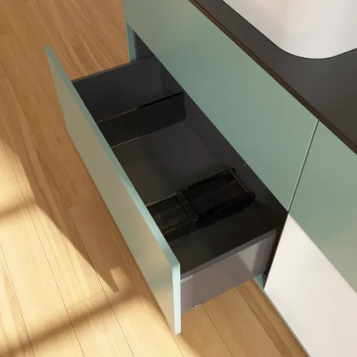 VILLEROY BOCH Toaletní skříňka Finion, s osvětlením, 3 výsuvy, 1200 x 603 x 501 mm, olivový matný lak / lesklý bílý lak / sklo černé matné #F692GFGM, obrázek 4