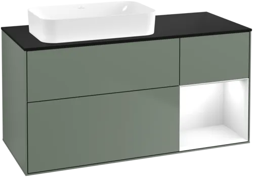 VILLEROY BOCH Toaletní skříňka Finion, s osvětlením, 3 výsuvy, 1200 x 603 x 501 mm, olivový matný lak / lesklý bílý lak / sklo černé matné #F692GFGM