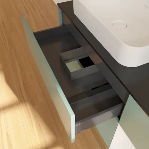 VILLEROY BOCH Toaletní skříňka Finion, s osvětlením, 3 výsuvy, 1200 x 603 x 501 mm, olivový matný lak / lesklý bílý lak / sklo černé matné #F692GFGM, obrázek 5