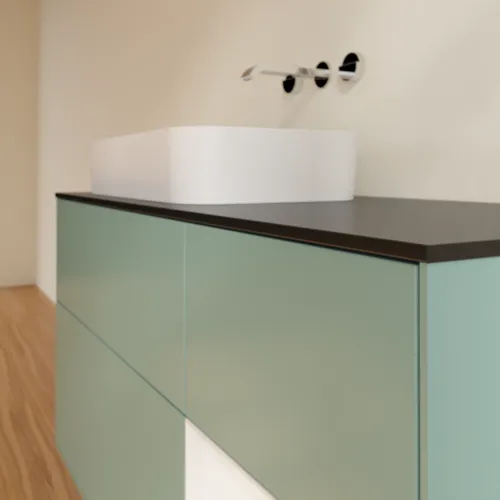 VILLEROY BOCH Toaletní skříňka Finion, s osvětlením, 3 výsuvy, 1200 x 603 x 501 mm, olivový matný lak / lesklý bílý lak / sklo černé matné #F692GFGM, obrázek 3