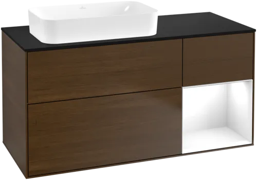 VILLEROY BOCH Toaletní skříňka Finion, s osvětlením, 3 výsuvy, 1200 x 603 x 501 mm, ořechová dýha / lesklý bílý lak / sklo černé matné #F692GFGN